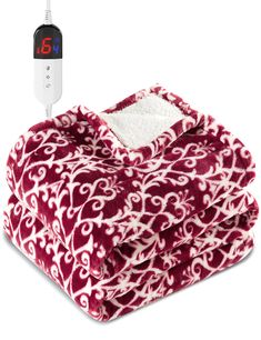 a red and white blanket sitting next to an electric thermometer