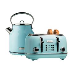 a blue toaster with two pieces of bread in it and a kettle on the side