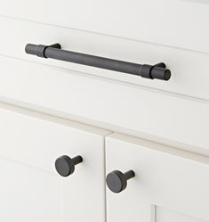 black handles on white cabinet doors and drawers