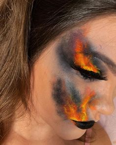 Fire Make Up Halloween, Burn Marks Makeup, Halloween Burn Makeup, Fire Costume Makeup, Fire Face Painting, Fire Themed Makeup, Volcano Makeup, Fire Halloween Makeup, Burning Witch Costume