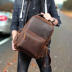 Explore durable leather backpacks for men, ideal for travel adventures. Stylish and practical designs for your on-the-go lifestyle. - Free shipping on all our leather backpacks - Unisex Backpack - Crafted from unique full grain cowhide leather, also known as crazy horse leather - Vintage brown color - Main compartment features a padded pocket for laptop - Antique Brass Hardware and YKK Zippers - Cotton lining with soft surface processing - Soft texture and brown color - Size: 15.4 inch * 4.8 inch * 11.2 inch - Two open pockets for smartphone or keys - Zippered pocket for wallet or valuables - Dedicated computer compartment for 15' laptop with velcro closure - Approximately ten business days processing time - Each leather backpack is unique; variations from pictures should be expected. Beho Backpack Craft, Hipster Backpack, Leather Travel Backpack, Leather Backpack For Men, Laptop Travel Bag, Laptop Bag For Women, Unisex Backpack, Back Bag, Computer Bag