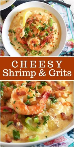 cheesy shrimp and grits in a white bowl with garnish on top