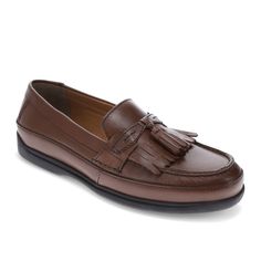 It’s no wonder these loafers are one of Dockers best sellers with their soft, genuine leather uppers and timeless design. These dress casual shoes are the perfect balance of style and comfort with a memory foam insole and flexible, durable outsole combined with leather sock linings, detail stitching, and classic tassel accent. A true staple in men’s fashion, these loafers are easy to pair with any outfit from dress slacks to jeans. Size Tip: Size down a 1/2 size from your normal size. Classic Brown Tassel Loafers For Semi-formal Occasions, Brown Calf Leather Tassel Loafers For Semi-formal Occasions, Brown Tassel Loafers With Leather Sole For Semi-formal, Semi-formal Brown Tassel Loafers, Mens Wingtip Shoes, Classic Brown Tassel Slip-on Loafers, Casual Oxford Shoes, Wingtip Shoes, Dress Loafers