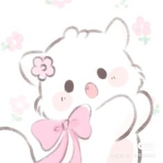 a drawing of a teddy bear with a pink bow on its tail and flowers in the background