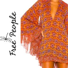 Size: Small Color: Orange & Purple Bust: 44” Length: 33” Sleeve: 26.5” New Unopened/Sealed Bag Direct From Fp Online! Stunning Retro Floral Print, Dramatic Bell Sleeves & Tiered, Ruffled Hems. Worn One Time For A Few Hours. Excellent Condition. Open Back V-Neck Trapeze Machine Wash 100% Polyester/Lining-Viscose Buy From A Top-Rated Seller & Trusted Poshmark Ambassador! Non-Smoking Pet Friendly Bundle&Save Trade/Hold Use Offer Button Ask Before You Buy Thanks #Freepeople #Zara #Revolve #Asos #Urb Purple Angel, Long Sleeve Mesh Dress, Ribbed Sweater Dress, Geometric Print Dress, Spaghetti Strap Mini Dress, Lace Slip Dress, Mini Skater Dress, Dress Tunic, Mini Cocktail Dress