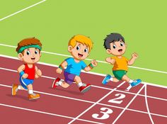 three kids running on a race track with numbers in the middle and one kid standing at the starting line