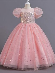 Kids Girls' Party Dress Solid Color Flower Short Sleeve Performance Wedding Sequins Elegant Princess Polyester Maxi Tulle Dress Summer Spring 4-13 Years Multicolor White Pink Princess Dress For Prom Season, Princess Style Dress For Prom Season, Princess Style Prom Dress For Prom Season, Pink Princess Dress For Prom Season, Pink Princess Dress For Banquet, Summer Princess Ball Gown, Princess Style Bridesmaid Ball Gown For Party, Spring Prom Princess Dress, Summer Princess Ball Gown For Pageants