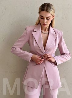 -blazer length along the back 27 1/2 inches or 70 cm -sleeve length 24,4 inches or 62 cm -pants length along the side seam 45,2 inches or 115 cm -inseam length (from the crotch to the bottom) 35,4 inches or 90 cm 2-piece womens blazer trouser suit for office, business meetings, formal events and special occasions. Also perfectly combines with sneakers so after a long and tiring business day you can change you heels to sneakers and still look chic. DETAILS -  straight pants -  high rise -  blazer Pink Fitted Outerwear For Business, Fitted Pink Outerwear For Business, Chic Pink Blazer For Business, Pink Fitted Business Outerwear, Pale Pink Suit Women, Tailored Pink Pantsuit For Party, Pink Tailored Pantsuit For Party, Pink Single Breasted Blazer For Work, Pink Notch Lapel Suits For Parties