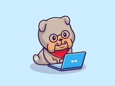 a cartoon bear sitting on the floor with a laptop computer in front of him and looking at it