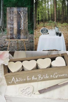 a collage of photos with wooden hearts and other items in the background, including a sign that says advice for the bride and groom