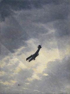 a painting of a plane flying through the sky with clouds in the back ground,