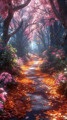 an image of a pathway that is surrounded by flowers and trees with leaves on the ground