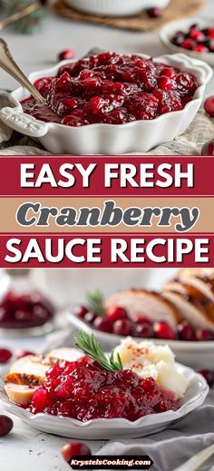 cranberry sauce in a white bowl with bread on the side and text overlay that reads easy fresh cranberry sauce recipe