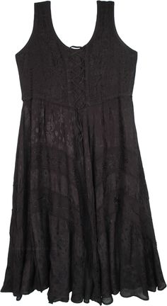 An all-season sleeveless long tank dress in a vintage bohemian style midnight black.  With a simple scooped neck and tie-ups at the front, it is quite comfortable to wear. #tlb #Sleeveless #Embroidered #Lace #BlackMedievalDress #RenaissanceDress #WesternDress Casual Sleeveless Rayon Boho Dress, Bohemian Black Sleeveless Dress For Spring, Black Fitted Bohemian Sleeveless Dress, Spring Bohemian Black Sleeveless Dress, Sleeveless Rayon Dress For Festival, Casual Goth Outfits Summer, Fairy Grunge Black Mini Dress For Spring, Sleeveless Witchy Summer Dress, Sleeveless Grunge Halloween Dress