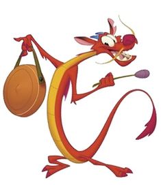 a red and yellow dragon with a drum in its hand, holding a stick on one leg