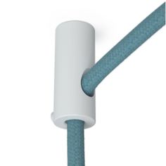 a close up of a white and blue cord on a light colored pole with an electrical plug attached to it