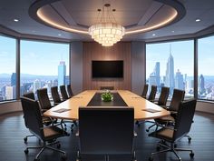 an empty conference room with large windows overlooking the city