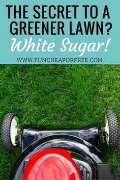 a lawn mower sitting on top of green grass with the words, how do i get from the secret to a greener lawn? white sugar