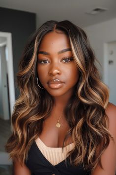 Brown Ombre Hair With Highlights, African American Hair Highlights, Carmel Brown Hair On Black Women, Kelly Rowland Brown Hair, Deep Part Sew In, Highlight Sew In Weave Black Women, Sew In With Color Highlights, Long Layers Black Women, Hair Strips Color Highlights