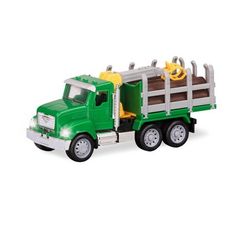 a green toy truck with a wooden fence on the back