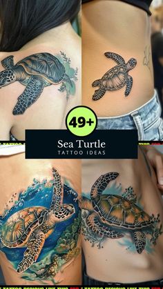 four different pictures of sea turtle tattoos on the side of women's stomachs