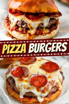 two cheeseburgers with pepperoni on them and the words pizza burgers above it