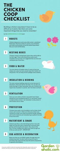 the chicken coop checklist is shown in this graphic, which includes instructions for how to hatch