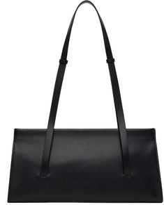 Buffed leather shoulder bag in black. · Twin carry handles · Logo embossed at face · Magnetic closure · Patch pocket at interior · Taffeta lining · H16.5 x W13 x D3 in Available exclusively at SSENSE. Supplier color: Black Black Tote Baguette Bag For Business, Black Business Baguette Bag Tote, Business Baguette Bag With Top Handle And Removable Pouch, Business Baguette Bag With Removable Pouch And Top Handle, Timeless Black Baguette Bag For Everyday, Minimalist Formal Shoulder Bag With Top Carry Handle, Formal Soft Leather Tote Baguette Bag, Formal Soft Leather Baguette Tote Bag, Formal Baguette Tote Bag With Carry Handle