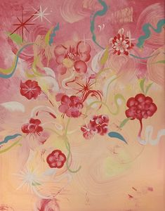 a painting with red flowers and green leaves on it's side, against a pink background