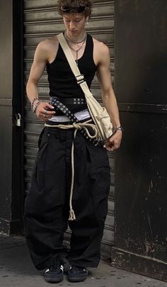 Men’s Streetwear Fashion 2023, Tactical Streetwear Fashion, Retro Male Outfits Aesthetic, Minimalist Futuristic Fashion Men, Yk2 Male Outfits, Mens Subversive Fashion, Rope Belt Outfit, Layer Outfits Men, J Fashion Men