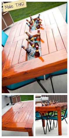 an outdoor table made out of beer bottles on top of a wooden plank with blue chairs around it