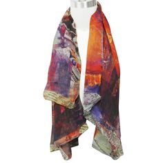 This elegant scarf features an exquisite artistic painting. Made from high quality silk, the scarf is light and airy and has a soft-feeling touch to it. Elegant and fashionable, this scarf is the perfect finishing touch to your outfit. The scarf can be used for all seasons and occasions and also makes a beautiful gift for friends and loved ones. Material: 100% High Quality Silk. 8 mommes thickness. Dimensions: Approximately 40"L x 40"W. Can be worn around the neck, head, hair and waist; on handbags and hats. Can also be used as home decor. Washing Instructions: Hand wash only. Do not bleach. Do not tumble dry. Do not wring. Low Iron. Artistic Summer Shawl Scarf, Fashion Apron, Elegant Scarf, Artistic Painting, Earring Jewelry Box, Lace Tape, Silk Square Scarf, Elegant Scarves, Towel Crafts