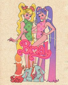 two women in bathing suits standing next to each other with the word barbie on it