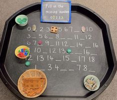 a blackboard with numbers and dices on it