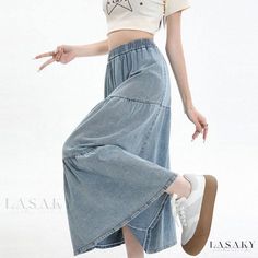 Lasaky - Vintage Pleated Elastic Waist Denim Midi Skirt with High Waist and Body-Friendly A-Line Design Spring Casual Non-stretch Denim Skirt, Casual Non-stretch Denim Skirt For Spring, Casual Mid-rise Skirt For Spring, Casual Mid-rise Denim Skirt For Spring, Baggy Medium Wash Denim Skirt, Casual High Rise Stretch Denim Skirt, Baggy Casual Denim Skirt For Spring, Casual Medium Wash Stretch Skirt, Casual Stretch Denim Skirt