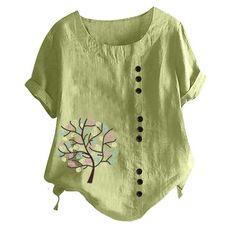 Usmixi Womens Shirts Short Sleeve Crewneck Tree Print Summer Tops Plus Size Breathable Cotton Linen Button Blouses Mint Green XXXXL  Comfy Material:This casual top is made of 95% Rayon plus 5% Spandex, it is very soft,comfortable,stretchy and light-weight.The loose t-shirt will flow when you walk and feels soft against your skin. Occasion: Good for going out,holiday,vacation,party,club,daily life,office,home,work, beach,travel,easter,St. Patrick's Day and summer indoor and outdoor activities.Per Womens Clothes 2023, Blouse 2023, Linen Blouses, Elephant Graphic, Feminine Shirts, Funny Elephant, Plus Size Summer Tops, Dressy Blouse, Womens Tops Summer