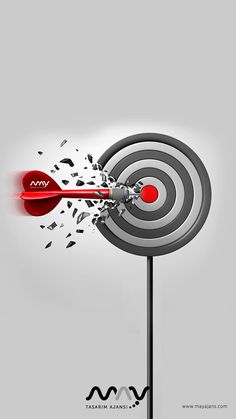 an arrow hitting in the center of a bulls eye on a gray and white background