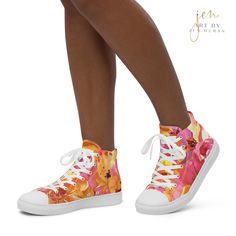 Stand out & make a statement with these Women’s High Top Canvas Shoes 🔥 WHY YOU’LL LOVE IT: ✓ 100% polyester canvas upper side ✓ Ethylene-vinyl acetate (EVA) rubber outsole ✓ Breathable lining, soft insole ✓ Faux leather top cap ✓ Padded collar, lace-up front ✓ Printed, cut, and handmade to order Made from premium materials, these durable and breathable Women’s High Top Canvas Shoes are stylish and the ideal piece for completing an outfit. Art & Design Copyright ©2024 Art By Jen Duran, All righ Trendy Custom High-top Sneakers For Spring, Summer High-top Sneakers With White Sole, Trendy High-top Custom Sneakers For Summer, Multicolor High-top Custom Sneakers With Laces, Multicolor High-top Sneakers With Laces, Canvas High-top Lace-up Sneakers With Logo Print, Multicolor Canvas High-top Sneakers With Round Toe, Multicolor High-top Canvas Shoes With Laces, Floral Sneakers