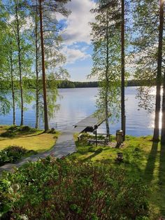 a park bench sitting next to a lake surrounded by trees and grass on a sunny day