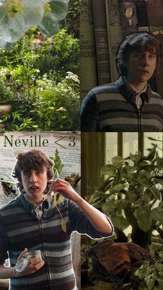 four different pictures of people in the same room with plants and books on the wall