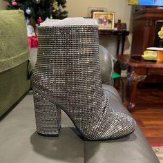 New With Box Schutz Silver Boots Chic Shiny Boots For Party, Party Boots With Silver Accents And Round Toe, Silver Bling Boots For Evening, Luxury Metallic Boots For Party, Silver Sparkling Boots For Formal Occasions, Silver Shiny Boots For Party, Formal Silver Boots With Silver Studs, Formal Silver Boots With Studs, Sparkling Silver Boots For Evening