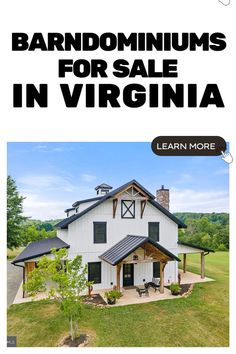 a white house with the words barndominiums for sale in virginia on it