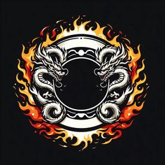 a black background with fire and flames surrounding the letter c in the shape of a dragon