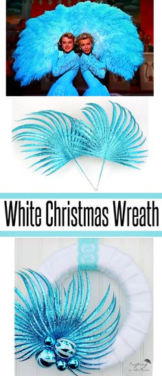 three different pictures with the words white christmas wreath and blue feathered decorations on them