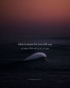 an ocean with a wave and a quote about what is meant for you will stay