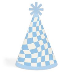 a blue and white party hat with a checkerboard design on the top,