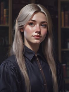 a painting of a woman with long blonde hair and blue eyes wearing a black shirt