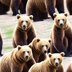 a group of brown bears standing next to each other