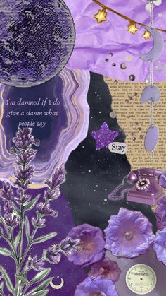 a collage of purple flowers and stars