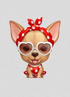 a chihuahua wearing glasses and a red polka dot headband is shown on a white t - shirt